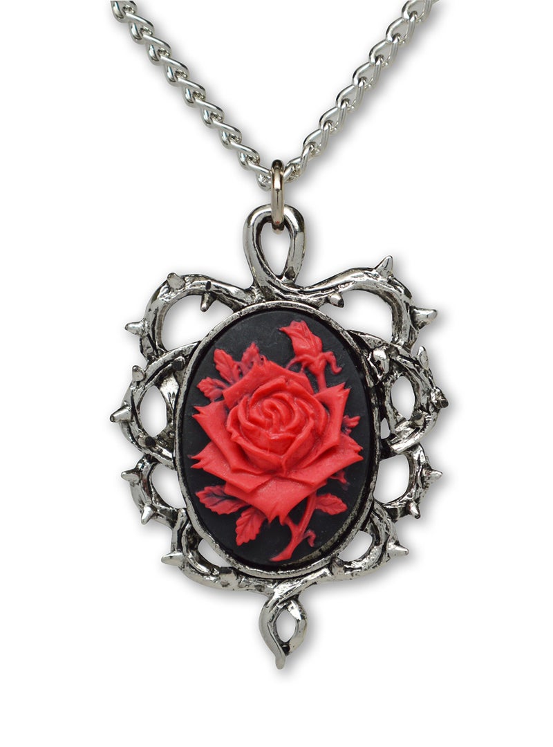 Real Metal Gothic Red Rose Cameo In Thorns Pendant Necklace - Image 1